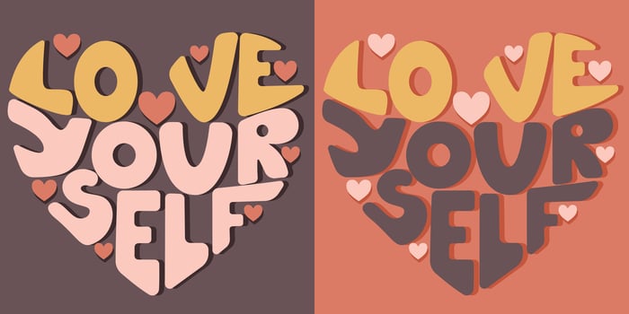 Handwritten inscription love yourself in the form of a heart. Colorful cartoon vector design. Illustration for any purpose. Positive motivational or inspirational quote. Groovy vintage lettering.