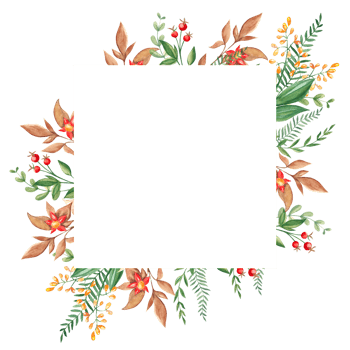 Watercolor square forest frame with fern, green branches, red and yellow berries and wildflowers. Hand drawn botanical illustration. Can be used for logo design, as invitation card for birthday. png