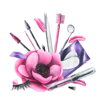 Tools and cosmetics for eyelash extension and lamination with brushes, tweezers, anemone flower and paint strokes. Watercolor illustration, hand drawn. Isolated composition png