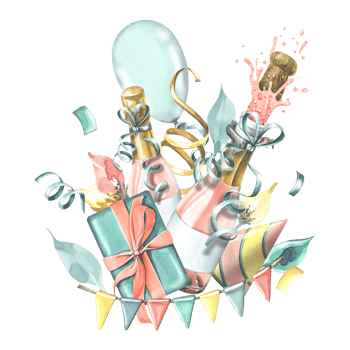 Pink champagne bottles with flying cork, gift box, holiday cone, balloon, confetti and flags. Watercolor illustration, hand drawn. Isolated composition png