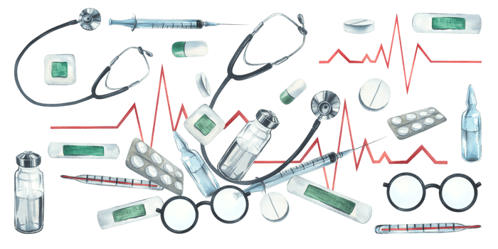 Medical first aid kit with stethoscope, injections, plaster, pills and glasses. Watercolor illustration, hand drawn. Composition with elements isolated png