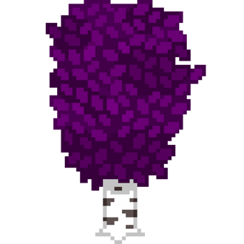 An 8-bit retro-styled pixel-art illustration of a birch tree with dark vibrant purple leaves. png