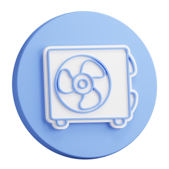 3D button rendering of Air conditioner unit with three bladed fan. Room cooling and heating. Maintaining comfortable temperature. Realistic blue white PNG illustration isolated on transparent back
