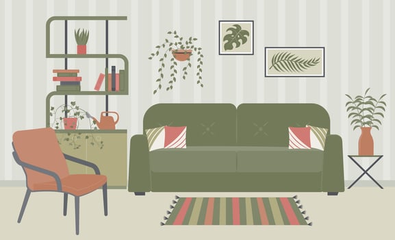 Interior design of the living room with furniture. Sofa with pillows, shelves, paintings on the wall, indoor plants, watering can, armchair, rug, books. vector