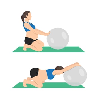 Young pregnant woman in sportswear does sports exercises with transparent fitball training on floor vector