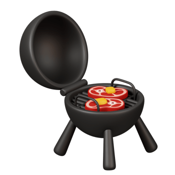 BBG grill with meat isolated. Camping and hiking equipment. Summer camp and holiday vacation. 3D rendering png