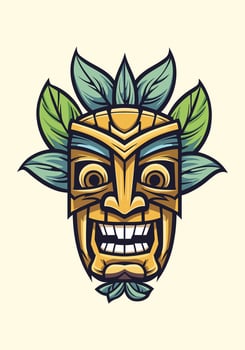 wooden tiki mask tribal hand drawn logo design illustration vector