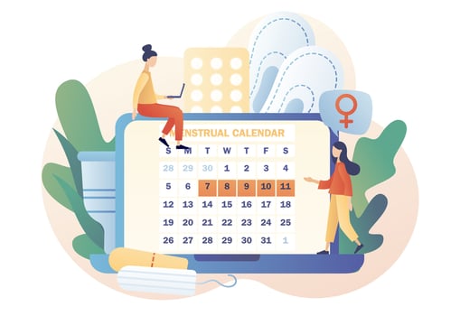 Tiny girls with monthly calendar on laptop screen, menstrual cup, tampon and tablets. Menstruation period. Menstrual protection and feminine hygiene. Modern flat cartoon style. Vector illustration