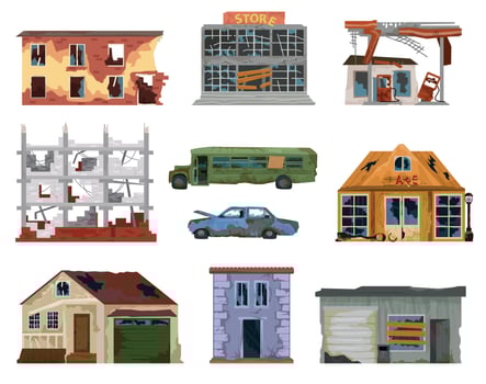 Broken City Houses Flat Set vector