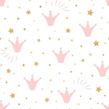 Pink cute princess pattern Seamless background with a pink crown gold stars on a white background Can be used for wallpaper, pattern fills, web page background, surface textures. Vector Illustration