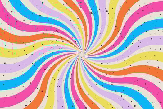 Abstract swirl background in groovy style. Vivid colorful backdrop. Retro sunburst vintage wallpaper. Vortex spiral twirl. Vector twisted design with spiral rays circus illustration for banner, poster