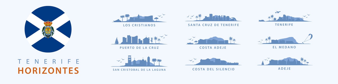 Tenerife Island Skylines, Silhouettes of Santa Cruz, Costa Adeje, Costa Del Silencio, San Cristobal, Puerto De La Cruz, El Medano, Los Cristianos. Spanish Tropical Travel Destinations. Collection vector
