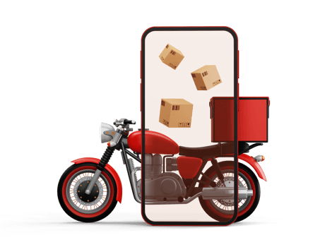 Delivery Courier service, online shopping, motorcycle with parcel box, 3d rendering png