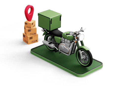 Delivery Courier service, online shopping, motorcycle with parcel box, 3d rendering png