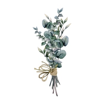 Watercolor green eucalyptus branches bouquets with brown rope for beautiful winter wedding designs, postcards, thank you cards, florists shops vector