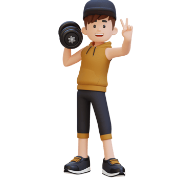 3D Sportsman Character Giving a Peace Sign While Holding Dumbbell png