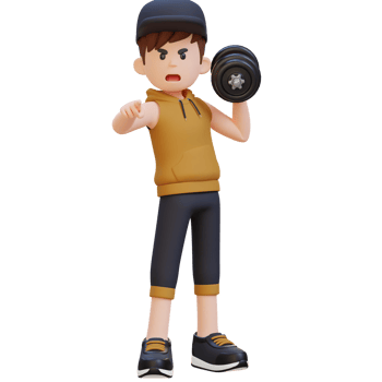 3D Screaming Sportsman Character Engaging Viewers While Holding Dumbbell png