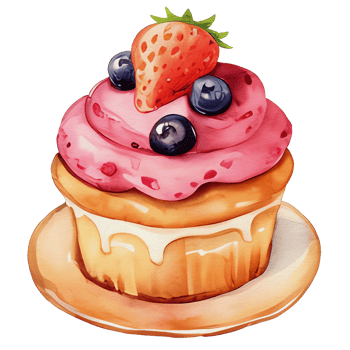 watercolor cupcake tart with cherry and strawberry on top, png