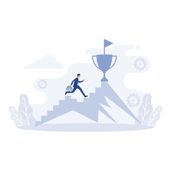 Businessman jumping on the graph to goal.Trophies on mountain, flat vector modern illustration