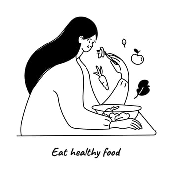 Woman eating healthy vegan food from bowl of salad, fruits and vegetables. Healthy Lifestyle weight control concept. Black and white line vector illustration on white background.