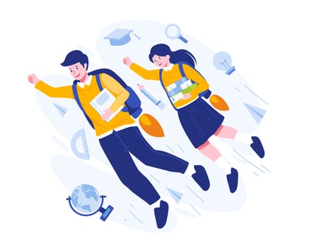 Back to School concept illustration. A School Boy and a School Girl are flying on rockets in backpacks to Back to School vector