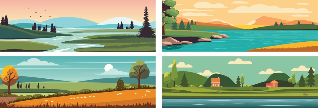 Set of empty landscapes and sceneries with mountain tops, hills, field, lake, sea. Collection of scenic nature views in spring, summer and autumn. Colored flat vector illustration