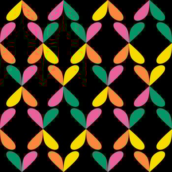 Seamless pattern with colorful of shape, heart or flower, yellow orange green and pink on black background. vector