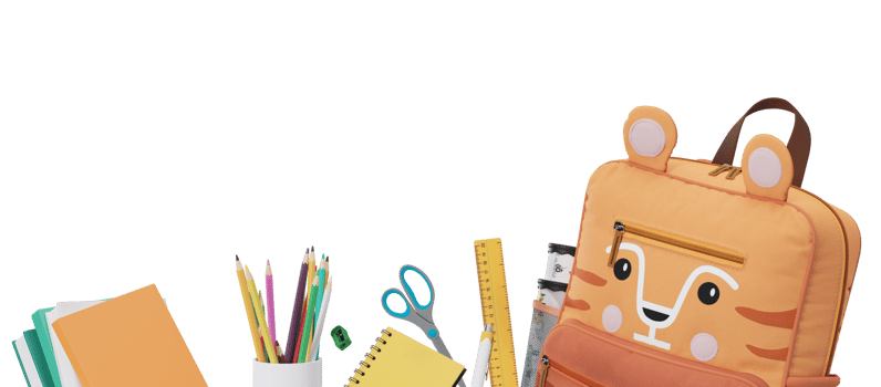 Colorful school stationery, supplies on transparent background. PNG. Bottom border. Applicable for posters, announcements, advertising. Education, daycare, preschool. Back to school shopping, sale. 3D png