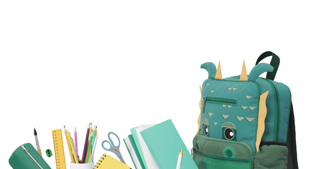 Colorful school stationery, supplies on transparent background. PNG. Bottom border. Applicable for posters, announcements, advertising. Education, daycare, preschool. Back to school shopping, sale. 3D png