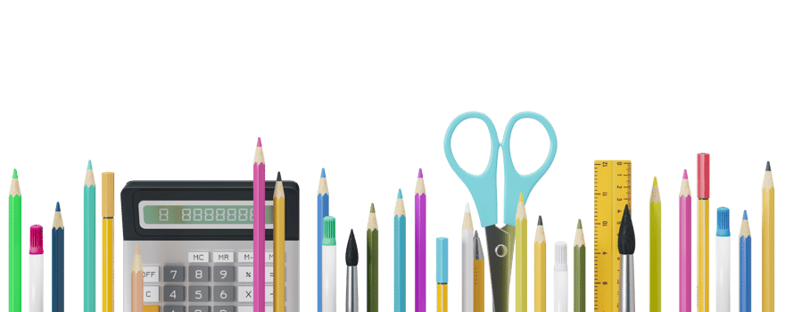 Colorful school stationery, supplies on transparent background. PNG. Bottom border. Applicable for posters, announcements, advertising. Education, daycare, preschool. Back to school shopping, sale. 3D png