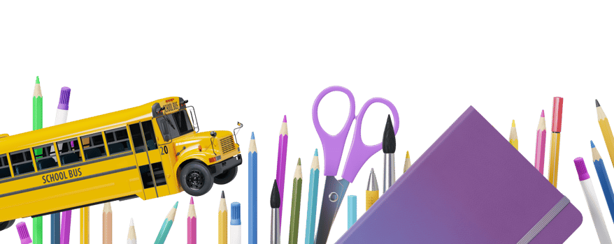 Colorful school stationery, supplies on transparent background. PNG. Bottom border. Applicable for posters, announcements, advertising. Education, daycare, preschool. Back to school shopping, sale. 3D png