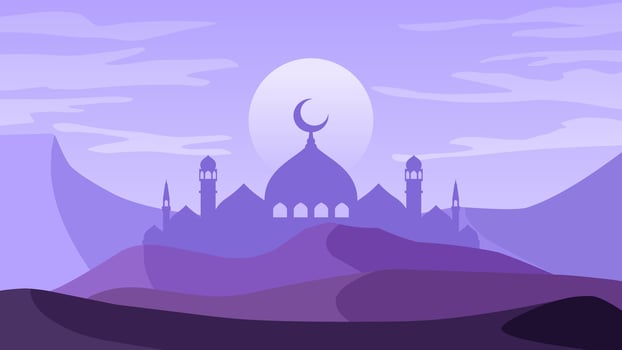 Islamic landscape vector illustration. Mosque silhouette in the desert with full moon and purple sky. Background landscape for islam religion and muslim faith. Wallpaper design of desert with mosque