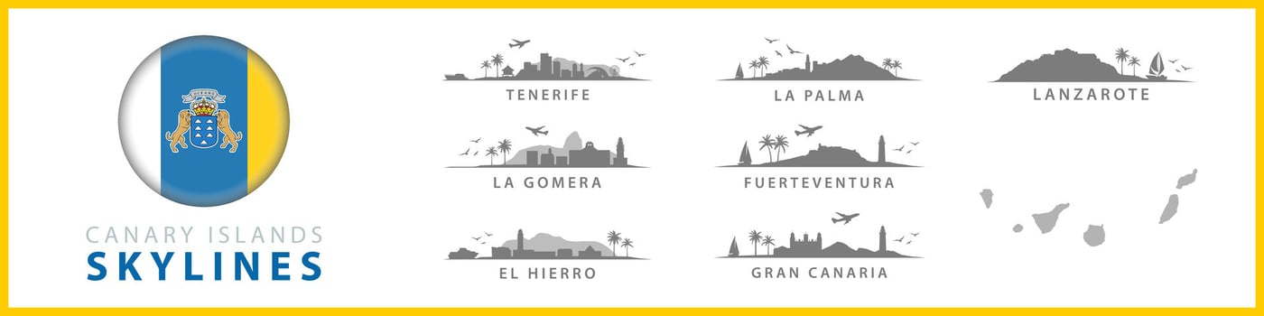 Canary Islands Skylines, Silhouettes of Tenerife, La Palma, Gran Canaria, Fuerteventura, Lanzarote, El Hierro. Spanish Tropical Travel Destinations. Collection of Exotic Landscapes. vector
