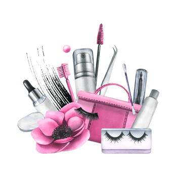 Pink cosmetic bag with tools for artificial eyelash extensions, brushes, false eyelashes, products in bottles. Watercolor illustration, hand drawn. Isolated composition png