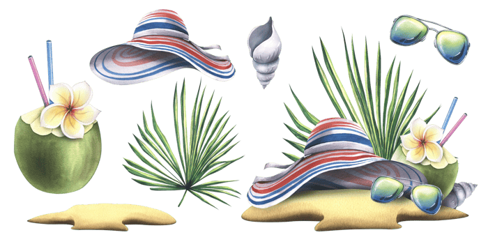 Striped summer beach hat on the sand with sunglasses, tropical palm leaves, cocktail in coconut and sea shells. Watercolor illustration, hand drawn. Set of isolated objects png
