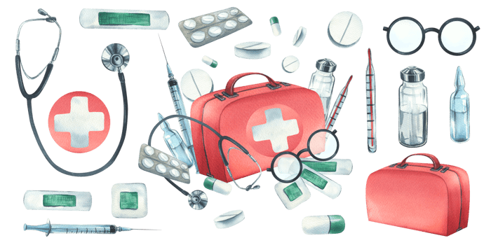 Red medical case, first aid kit with stethoscope, injections, plaster, pills and glasses. Watercolor illustration, hand drawn. Composition with elements isolated png