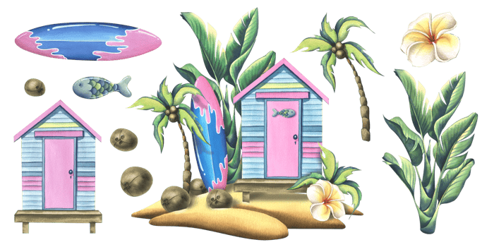 Wooden striped beach cabin with surfboard, palm trees, coconuts on a sandy island. Watercolor illustration, hand drawn. Isolated composition with elements png