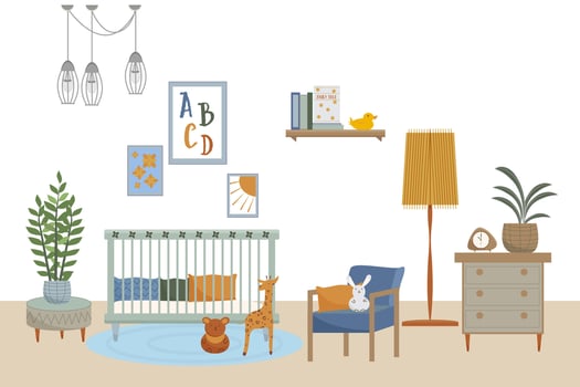 Vector interior of nursery. Flat illustration, furnitures in scandinavian style.