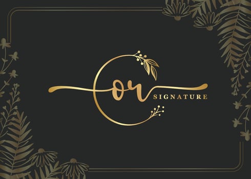 luxury gold signature initial OR logo design isolated leaf and flower vector