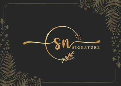luxury gold signature initial SN logo design isolated leaf and flower vector