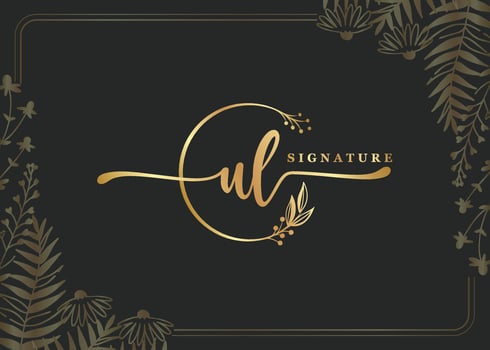 luxury gold signature initial UL logo design isolated leaf and flower vector