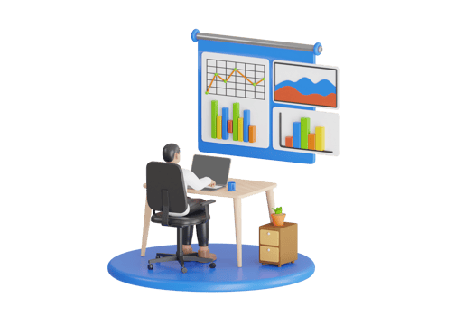3D Analyst working on business analytics dashboard with KPI, charts and metrics to analyze data and create insight reports. 3d illustration png