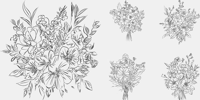 Flower bouquet line art, black and white floral set collection bundle handdrawn, branch, foliage, leaf minimal antique retro contemporary ink drawing for decor wedding invitation and poster card. vector