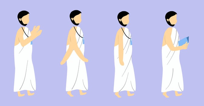 Set of Muslim Hajj Faceless Wearing Ihram, Islamic Pilgrimage Vector Cartoon Illustration