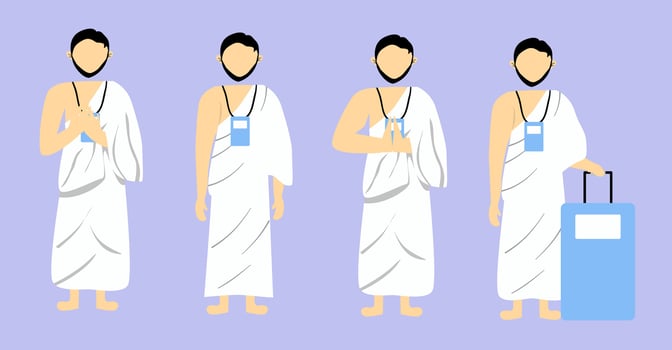 Set of Muslim Hajj Faceless Wearing Ihram, Islamic Pilgrimage Vector Cartoon Illustration