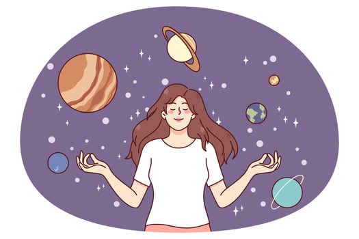 Calm happy girl meditate surrounded by planets. Young woman enjoy meditation dreaming or visualizing. Cosmos and universe. Astronomy concept. Flat vector illustration.