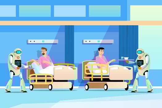 Robots deliver medicines and food in the hospital room. Robots and patients in hospital vector illustration. Robots doctor, nurse and patient with disease in bed.