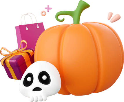 Pumpkin Jack o lantern with skull and gift box, Halloween theme elements 3d illustration png