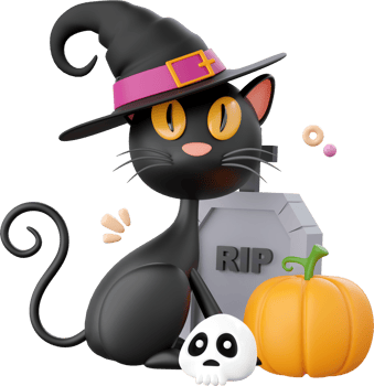 Black cat with grave and pumpkin, Halloween theme elements 3d illustration png