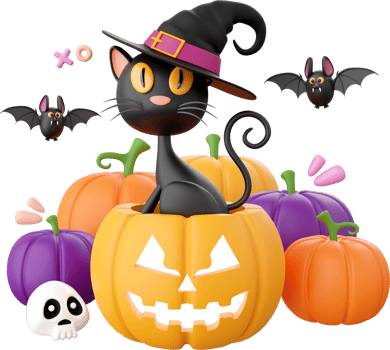 Black cat with Jack o lantern pumpkin, Halloween theme elements 3d illustration png